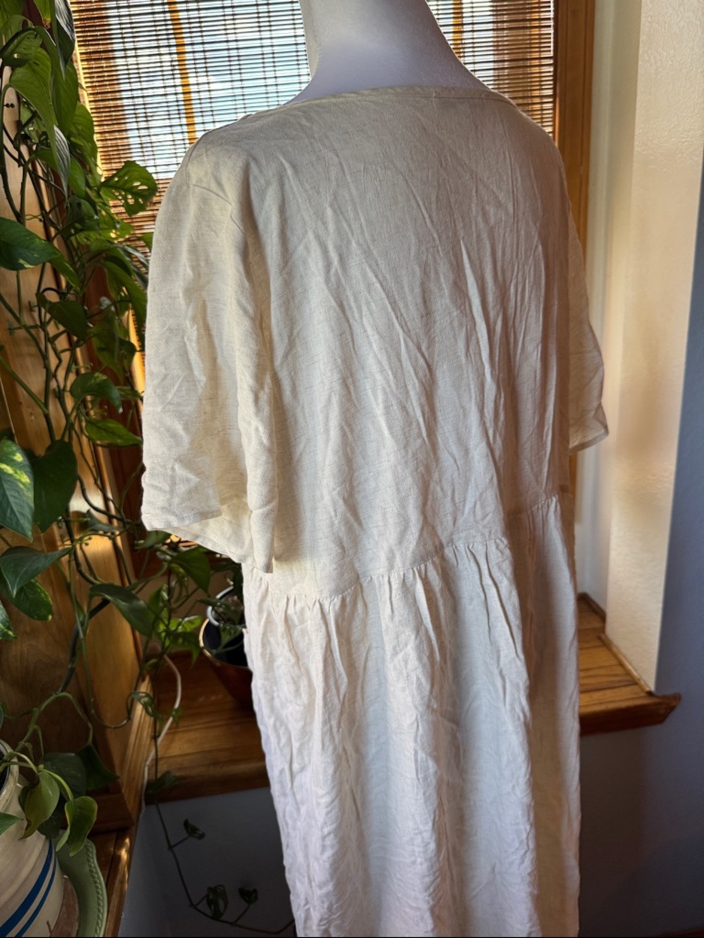 XXL Ivory Linen Blend Shirt Dress Short Sleeve Plus Size Cottagecore lightweight - Picture 4 of 11